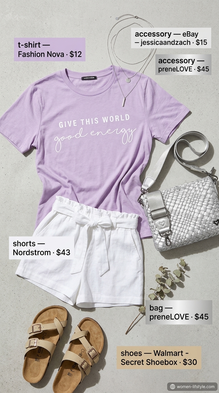 Dreamy Graphic Tee Summer Outfits 2026 Summer Dreamscape outfit: lavender graphic tee, linen shorts, woven crossbody bag. Graphic tee summer streetwear for women 2026.