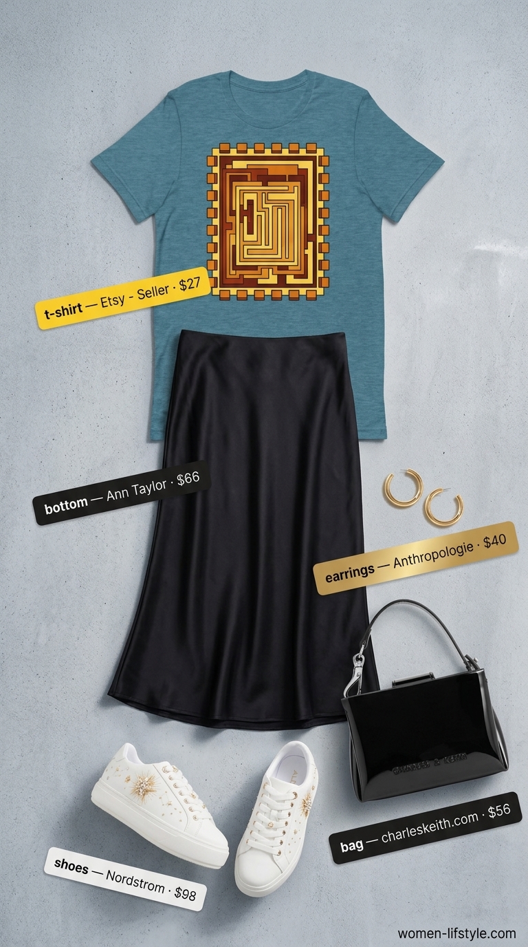 Glam Graphic Tee Summer Outfits 2026 Bold Sunset Stroll outfit: yellow graphic tee, satin midi skirt, structured top-handle bag. Graphic tee summer streetwear for women 2026.