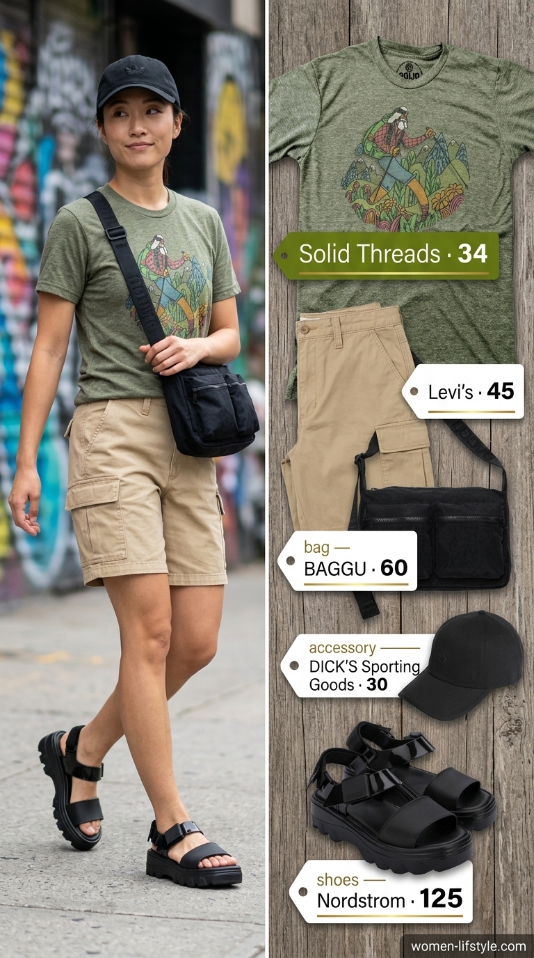 Adventure Graphic Tee Summer Outfits 2026 Urban Safari outfit: olive graphic tee, cargo shorts, utility bag, sport sandals. Graphic tee summer streetwear for women 2026.
