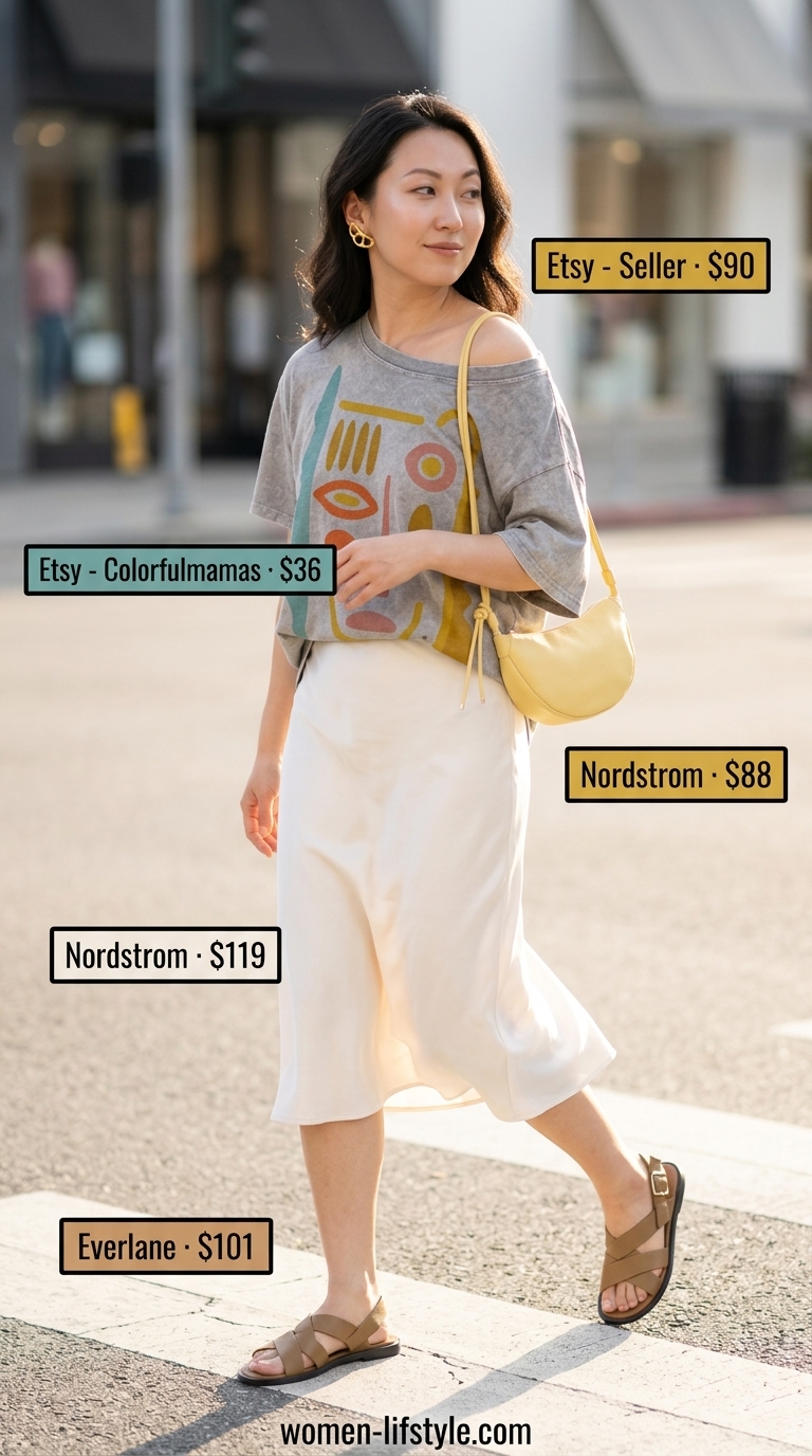 Art Gallery Graphic Tee Style 2026 Graphic tee summer streetwear for women 2026: Artsy graphic tee, flowy satin midi skirt, sculptural bag, and flat sandals for gallery visits.