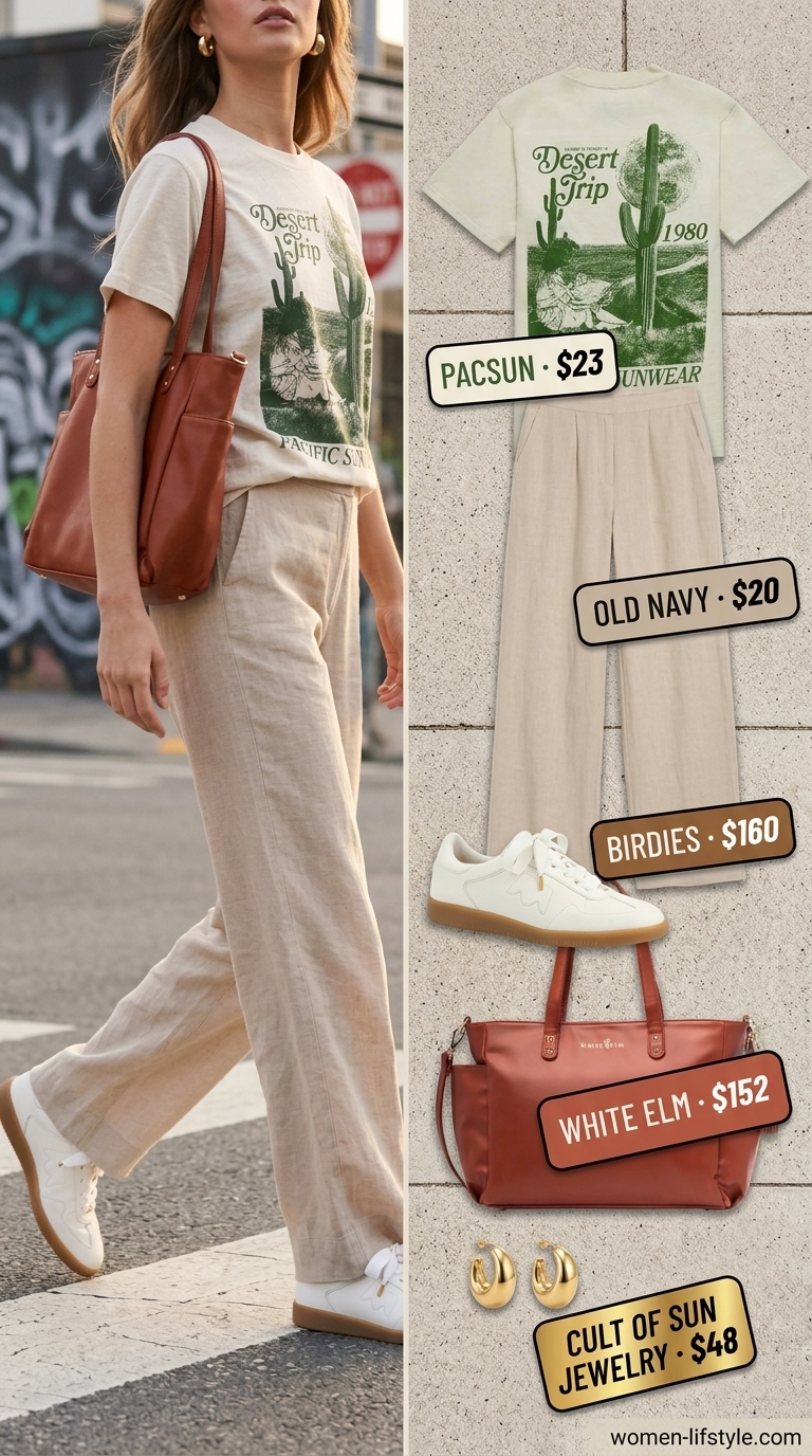 Desert Haze Graphic Tee Outfits 2026 Graphic tee summer streetwear for women 2026: Minimalist graphic tee, linen trousers, tote bag, and leather sneakers for a sophisticated look.