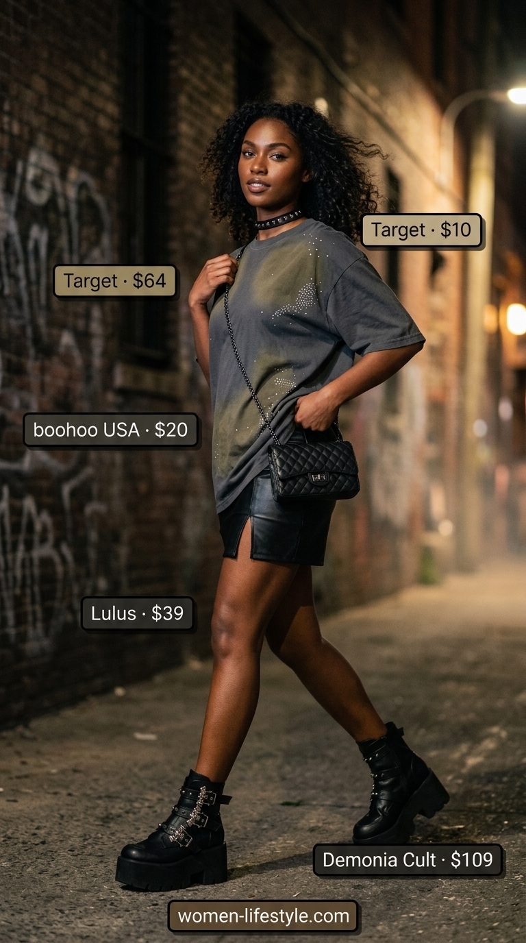 Glam Rock Graphic Tee Street Style 2026 Graphic tee summer streetwear for women 2026: Edgy distressed graphic tee, faux leather skirt, studded choker, and platform boots for festivals.