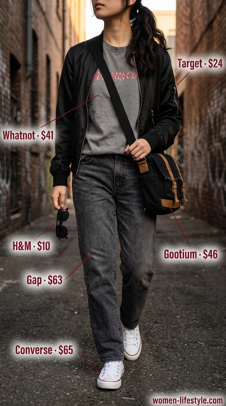 Midnight Moto Graphic Tee Outfits 2026 Graphic tee summer streetwear for women 2026: Moto graphic tee, black denim jeans, bomber jacket, aviator sunglasses, and high-top sneakers.