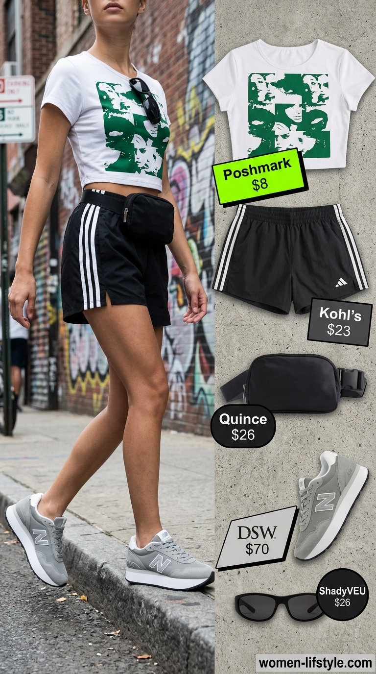 Neon Sport Graphic Tee Streetwear 2026 Graphic tee summer streetwear for women 2026: Neon green graphic tee, track shorts, crossbody bag, and chunky sneakers for sporty vibes.