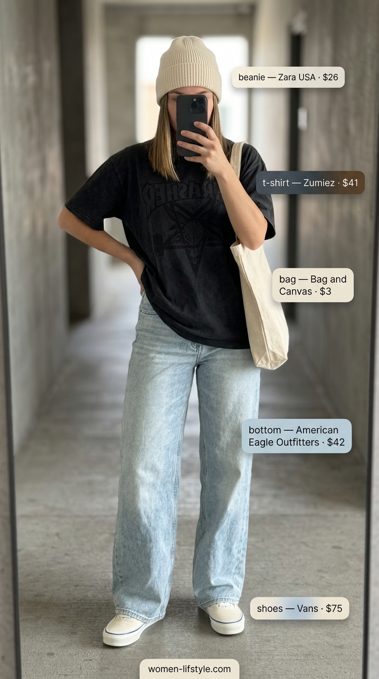 Retro Skate Graphic Tee Summer Outfits 2026 Graphic tee summer streetwear for women 2026: Relaxed retro washed graphic tee, baggy jeans, canvas tote, and beanie for casual hangouts.