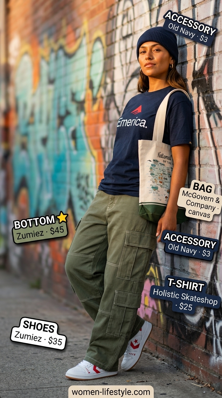 Graphic tee summer streetwear for women 2026: Oversized skate graphic tee, baggy cargo pants, canvas sneakers, and tote bag for skate parks.