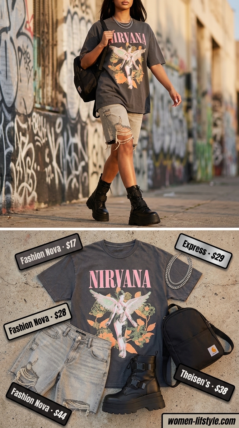 Urban Edge Graphic Tee Streetwear 2026 Graphic tee summer streetwear for women 2026: Vintage band graphic tee, distressed denim shorts, combat boots, and layered necklaces for urban edge.