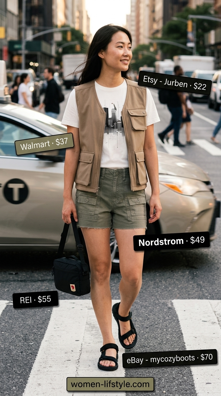 Utility Commuter Graphic Tee Style 2026 Graphic tee summer streetwear for women 2026: Utility vest, cargo shorts, graphic tee, crossbody bag, and hiking sandals for urban commutes.