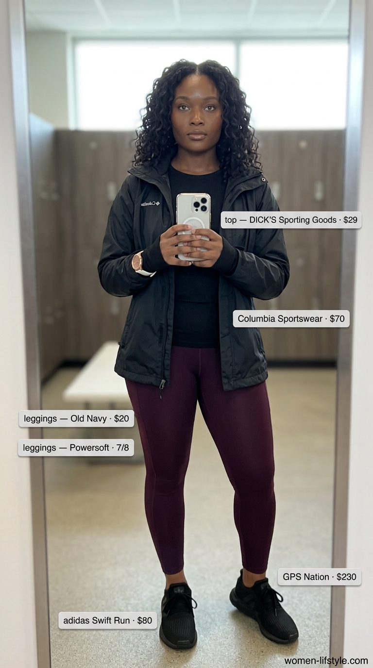 Deep plum gym leggings outfit for women 2026 with black long-sleeve top and rose gold fitness tracker.