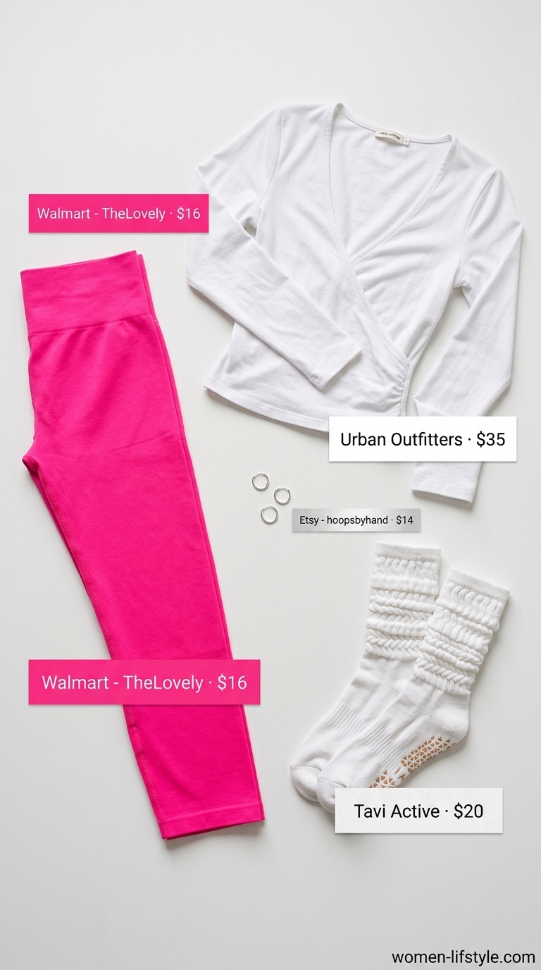 Blush pink capri gym leggings outfits summer for women 2026, with white wrap top for barre.