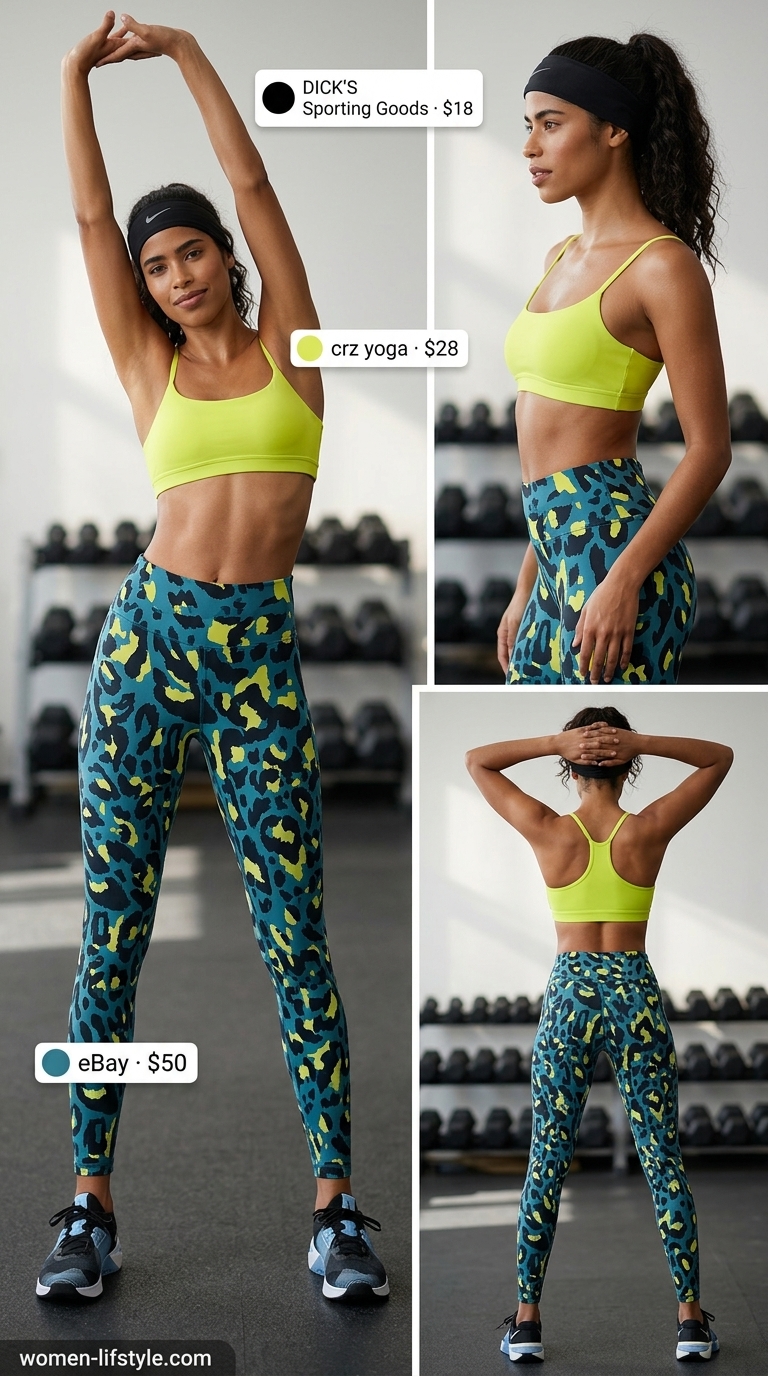 Teal blue printed gym leggings outfits summer for women 2026, with yellow sports bra for HIIT.