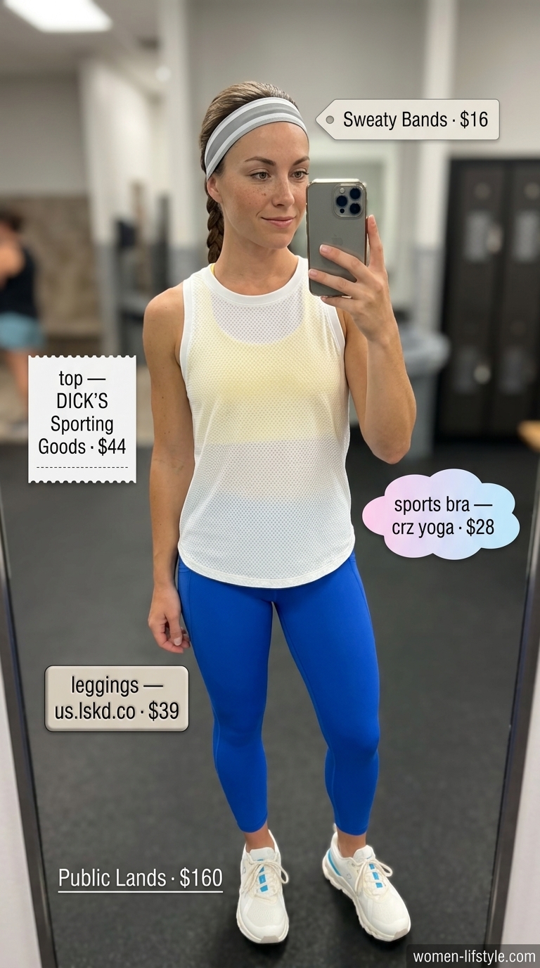 Electric blue gym leggings outfit for women 2026 with yellow sports bra and white tank.