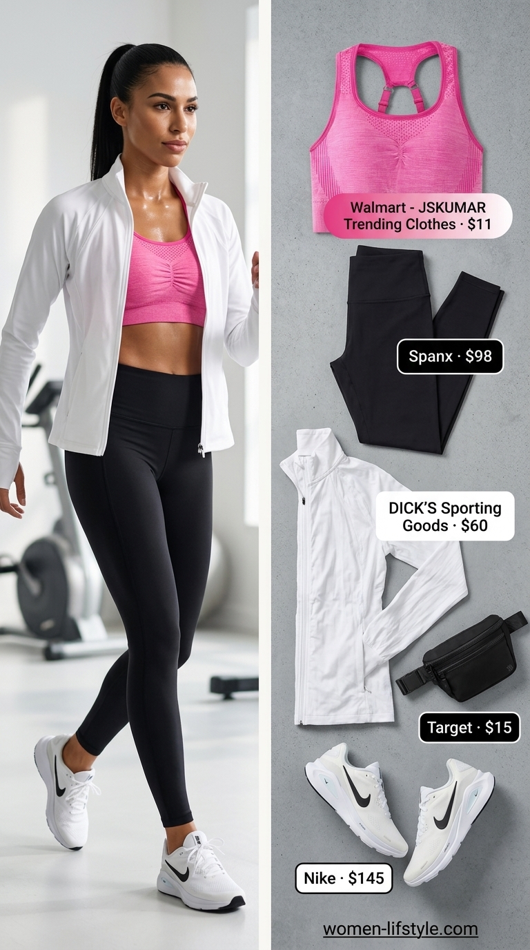 Hot pink and black gym legging outfits summer for women 2026, with white zip-up jacket for HIIT.