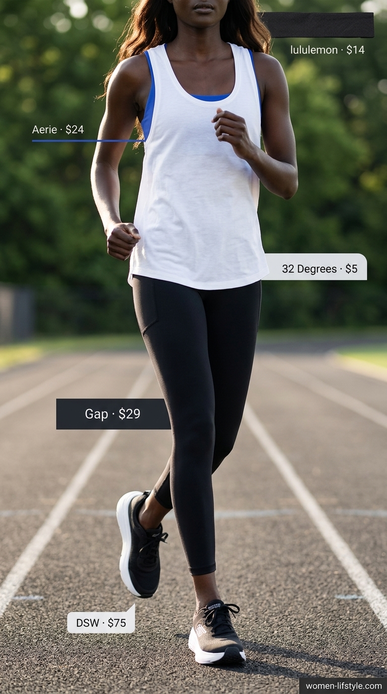 Electric blue gym leggings outfits summer for women 2026 with white tank and black sports bra.