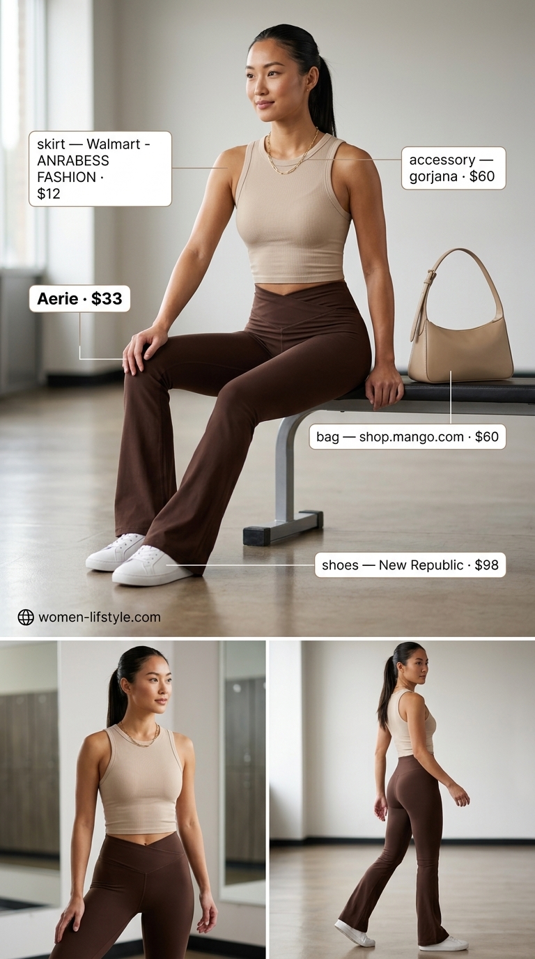 Cocoa brown flared gym leggings outfits summer for women 2026, with beige crop tank for brunch.