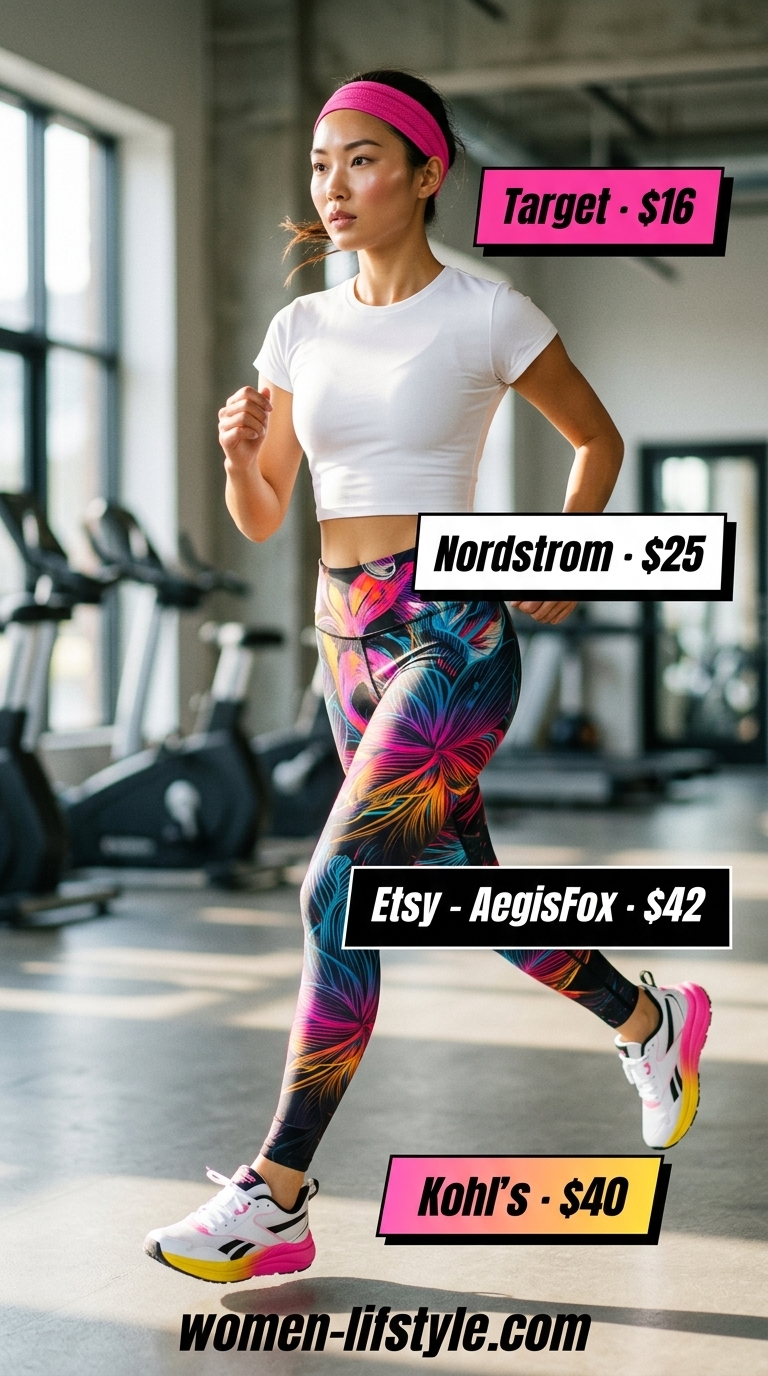 Multi-color floral gym leggings outfits summer for women 2026 with white crop top for dance fitness.