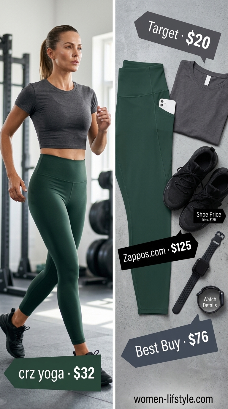 Forest green gym leggings outfits summer for women 2026 with charcoal crop top for strength training.