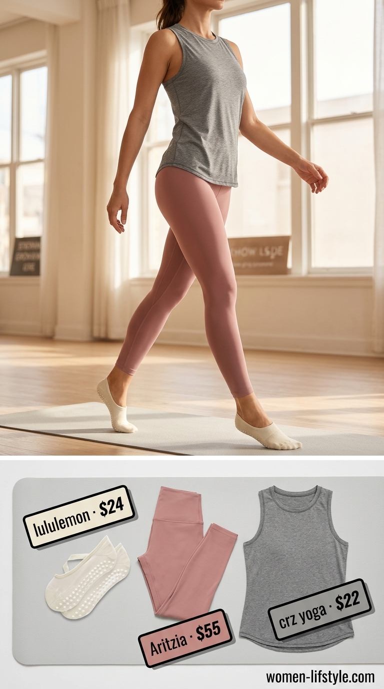 Dusty rose gym leggings outfit for women 2026 with heather grey tank and grip socks.