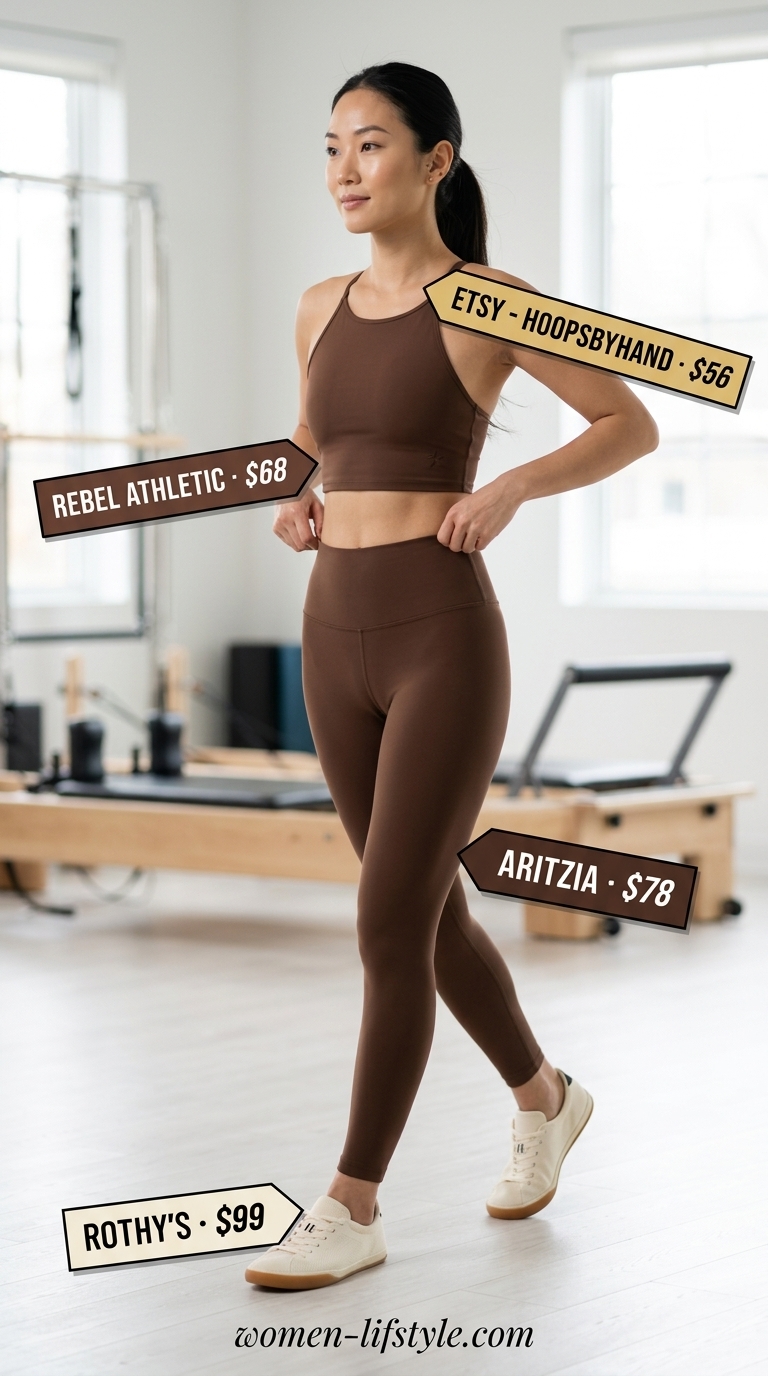 Mocha brown gym leggings outfits summer for women 2026 with cream sneakers for Pilates.