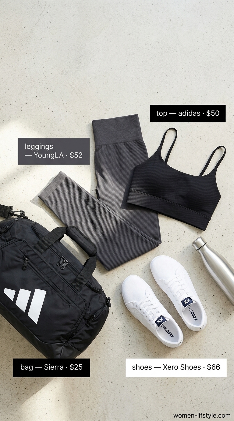 Charcoal grey gym leggings outfits summer for women 2026, with black tank and white sneakers for gym.
