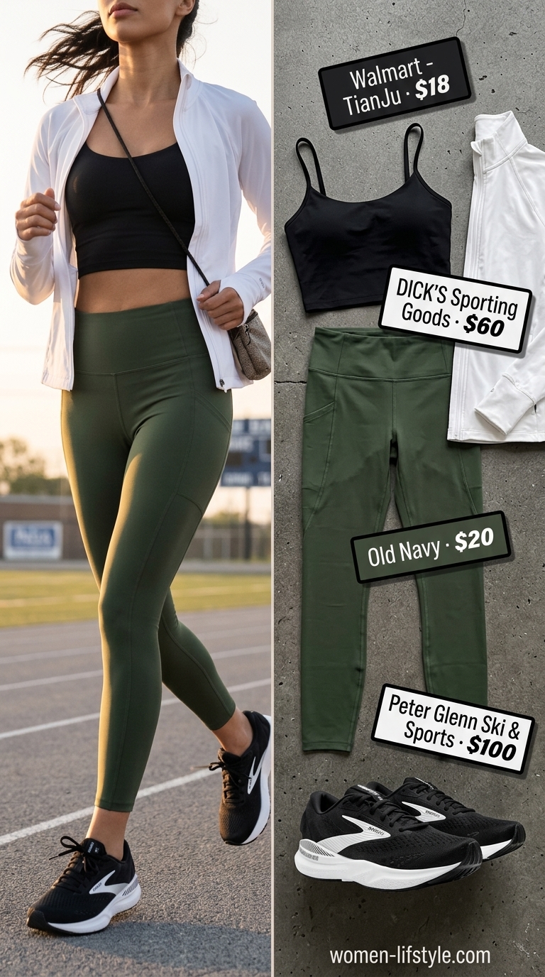 Olive green gym leggings outfits summer for women 2026 with black crop top and zip-up jacket.