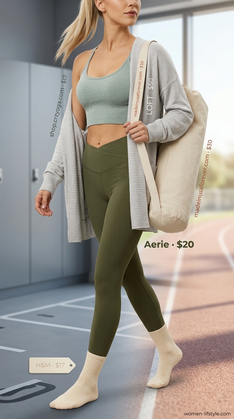 Olive green gym leggings outfits summer for women 2026 with soft grey cardigan for yoga.