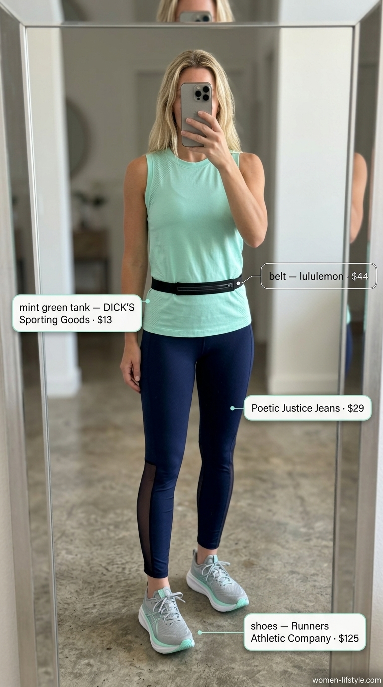 Navy blue gym leggings outfits summer for women 2026 with mint green tank and grey running shoes for outdoor runs.