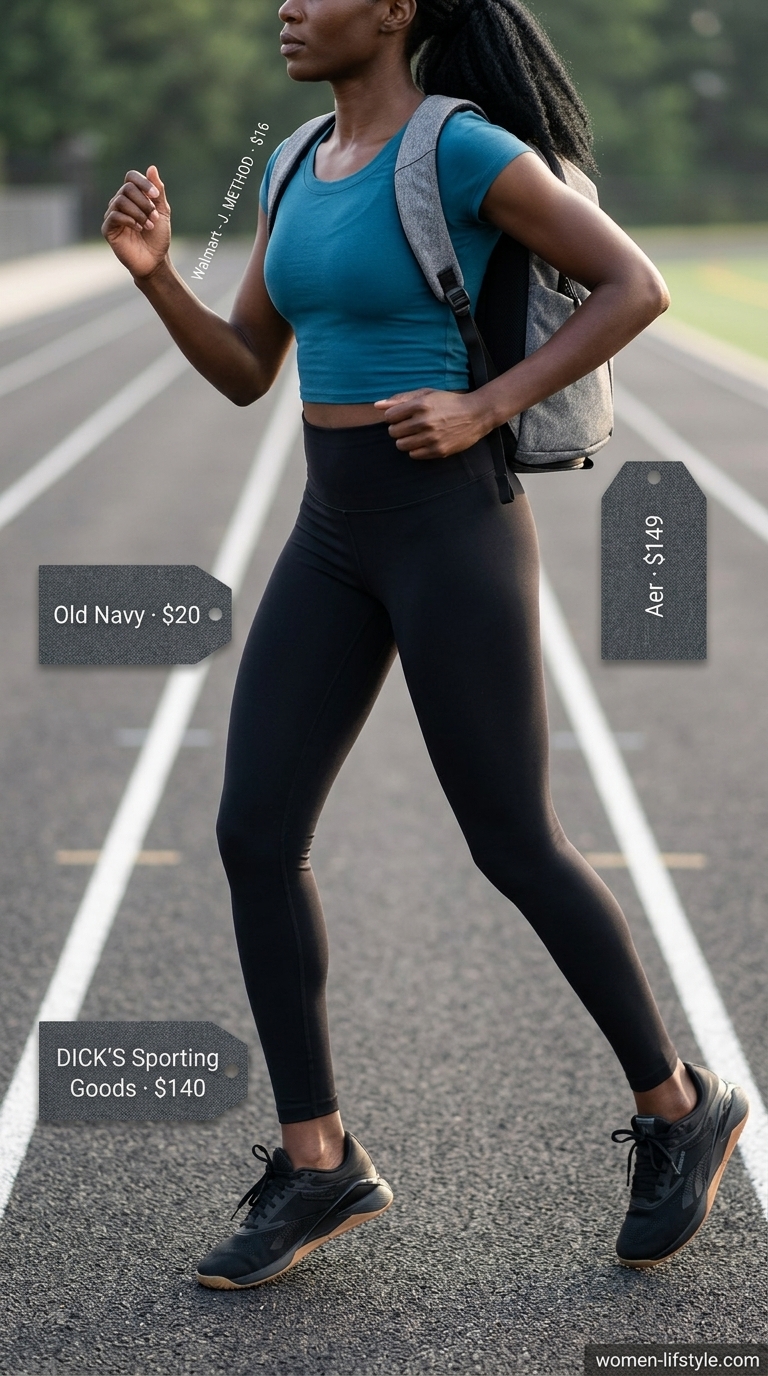 Black gym leggings outfit for women 2026 with dark teal crop top and gym backpack.