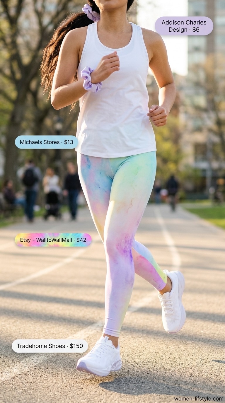 Pastel tie-dye gym leggings outfits summer for women 2026, with white tank for dance class.