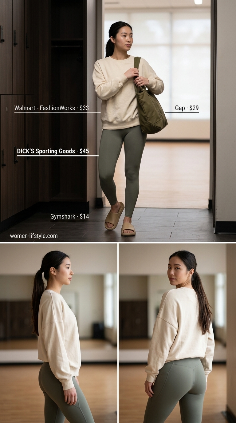 Olive green gym leggings outfits summer for women 2026, with cream sweatshirt for post-workout.