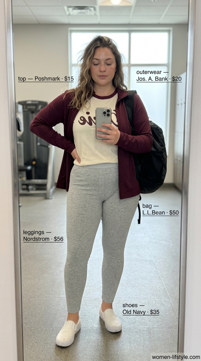 Heather grey gym leggings outfits summer for women 2026 with oversized graphic tee and burgundy pullover.