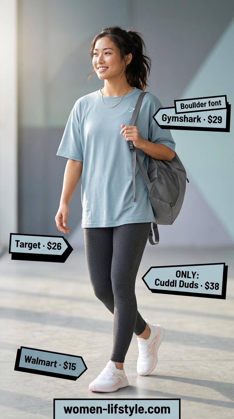 Charcoal grey gym leggings outfit for women 2026 with pale blue oversized t-shirt.