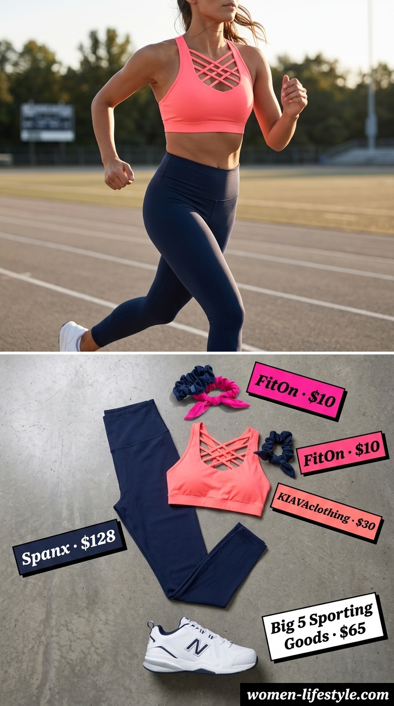 Deep navy gym leggings outfit for women 2026 with coral sports bra and training shoes.