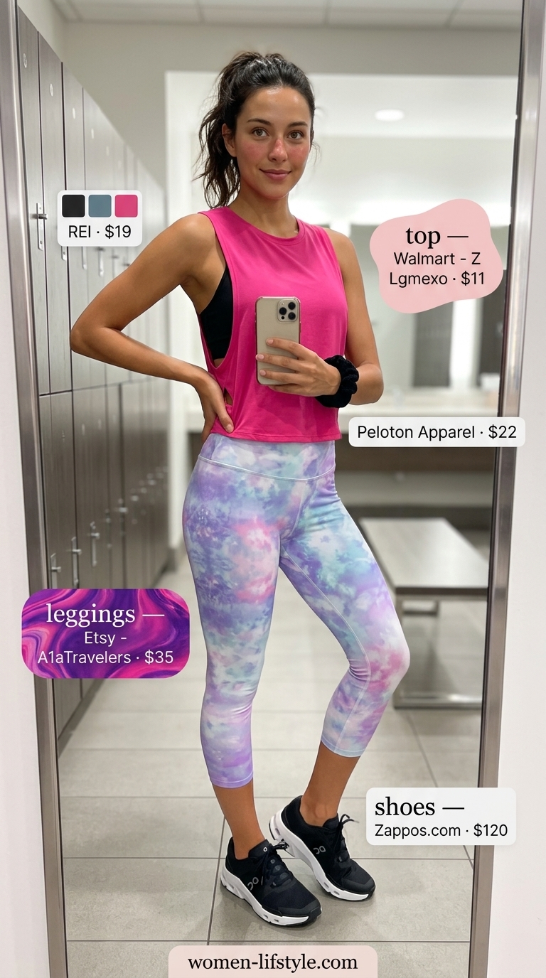 Purple tie-dye gym leggings outfits summer for women 2026 with hot pink tank for spin class.