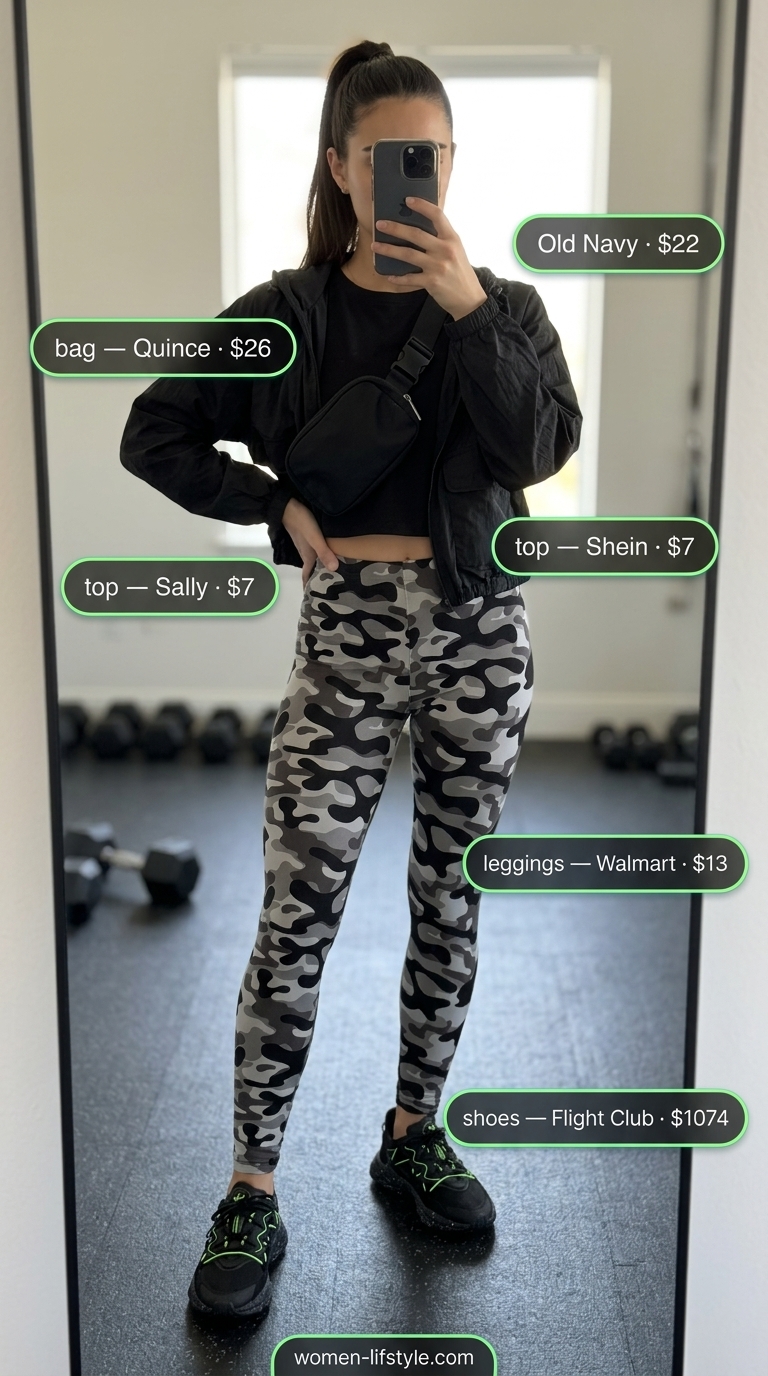 Grey camo gym leggings outfit for women 2026 with black windbreaker, crop top, and chunky sneakers.