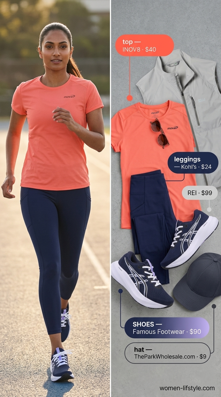 Navy blue gym leggings outfits summer for women 2026, with coral tee and grey vest for running.