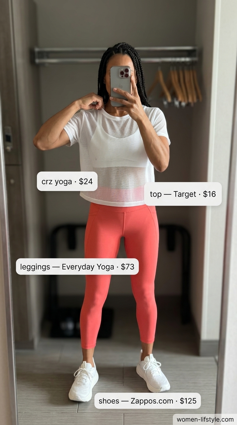 Bright coral gym leggings outfit for women 2026 with white sports bra and mesh t-shirt.