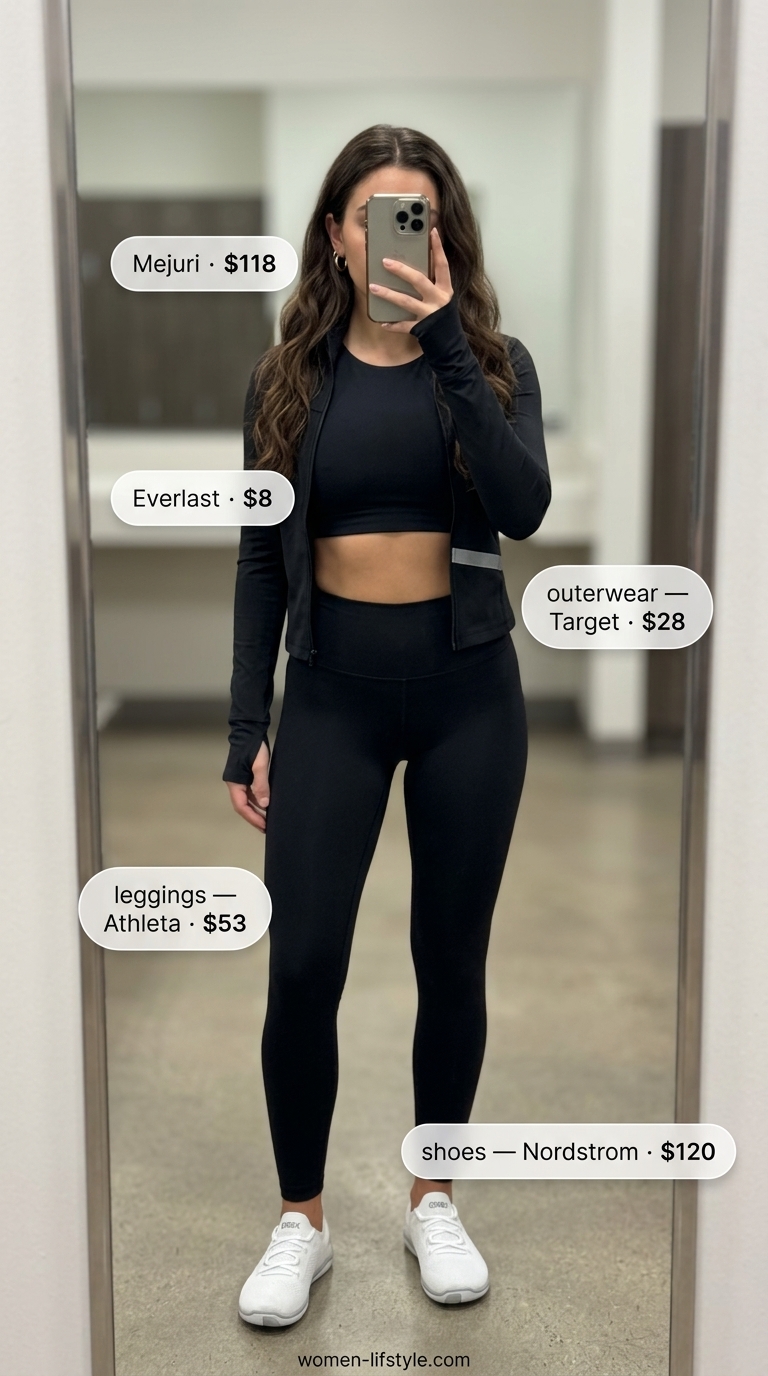 White gym leggings outfits summer for women 2026 with black sports bra and cropped jacket.