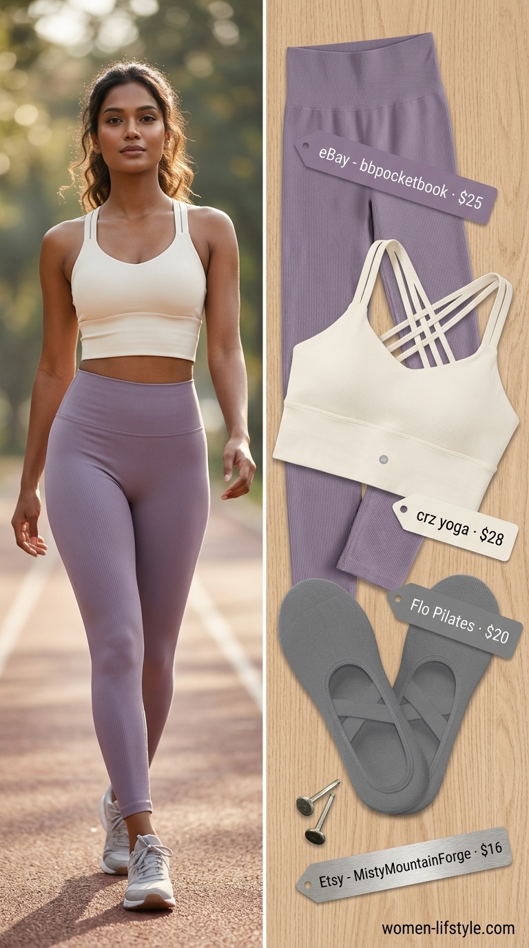 Dusty lavender gym leggings outfits summer for women 2026, paired with cream sports bra & tank for yoga.