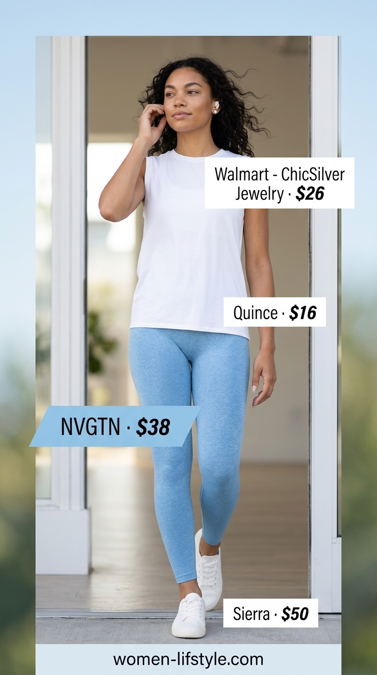 Sky blue gym leggings outfit for women 2026 with white tank top and minimalist trainers.