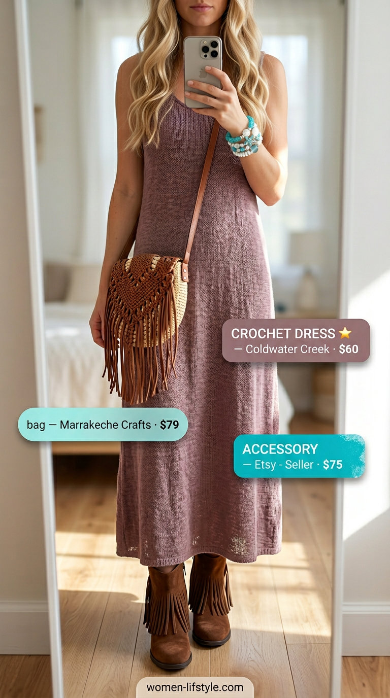 Boho festival flow handmade summer crochet outfit for women 2026: yellow crochet dress, fringe boots & bag.