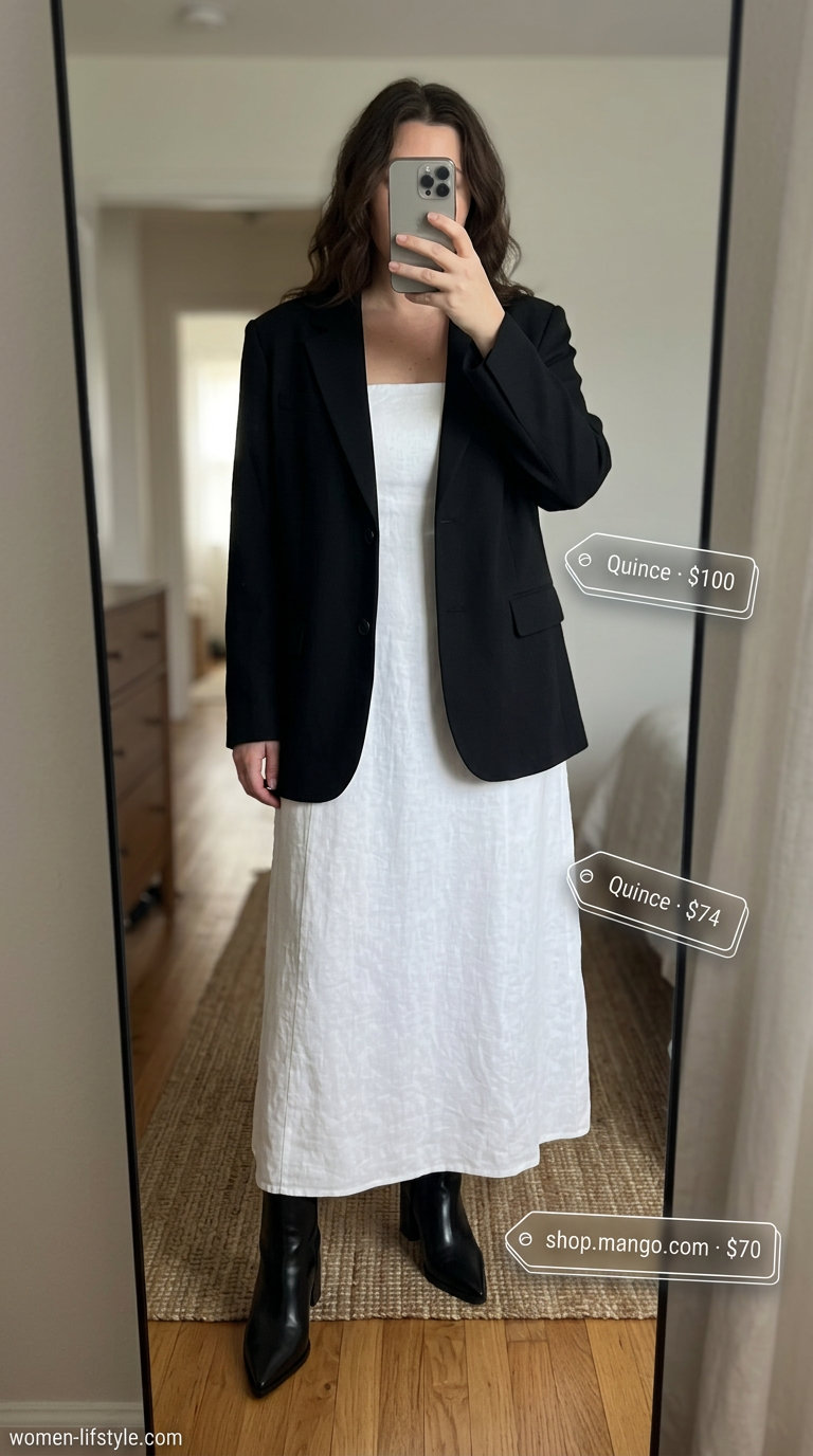 City chic cargo handmade summer crochet outfit for women 2026: crochet dress, blazer, ankle boots.