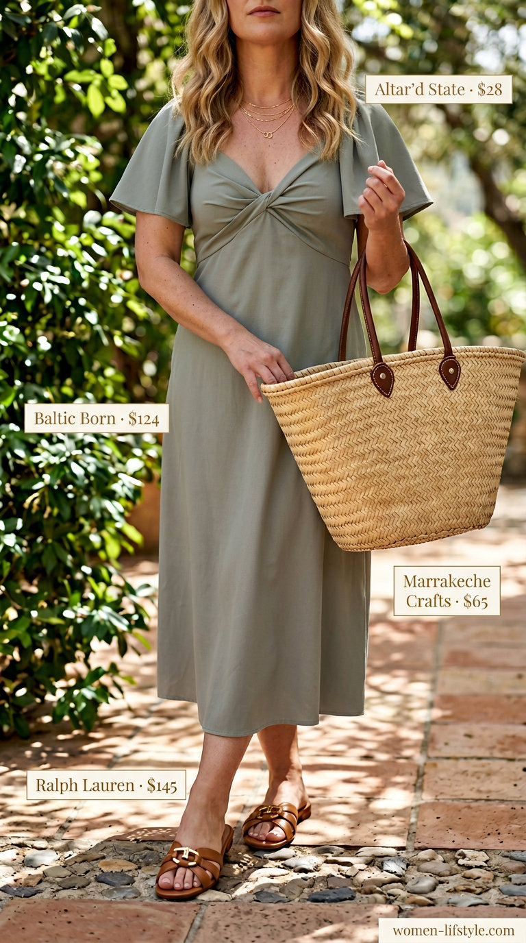 Coastal breeze crochet handmade summer outfit for women 2026: cream crochet dress, straw tote & gold jewelry.