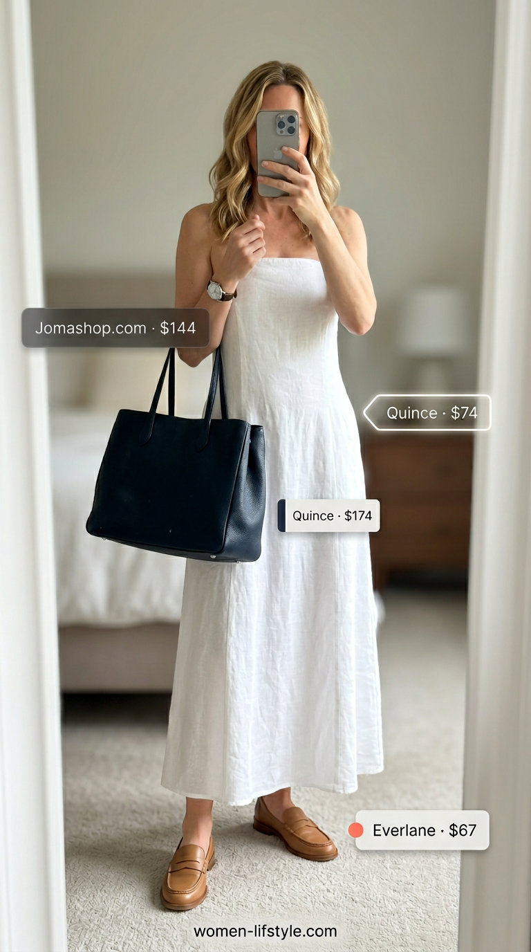 Summer office chic handmade crochet outfit for women 2026: navy crochet dress, loafers, structured tote.