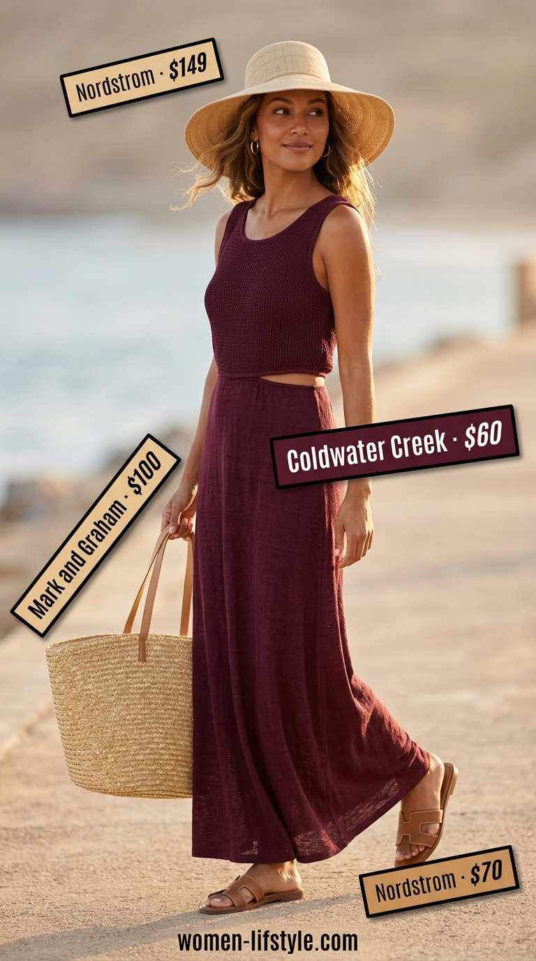 Seaside serenity handmade summer crochet outfit for women 2026: ivory crochet dress, straw hat & sandals.