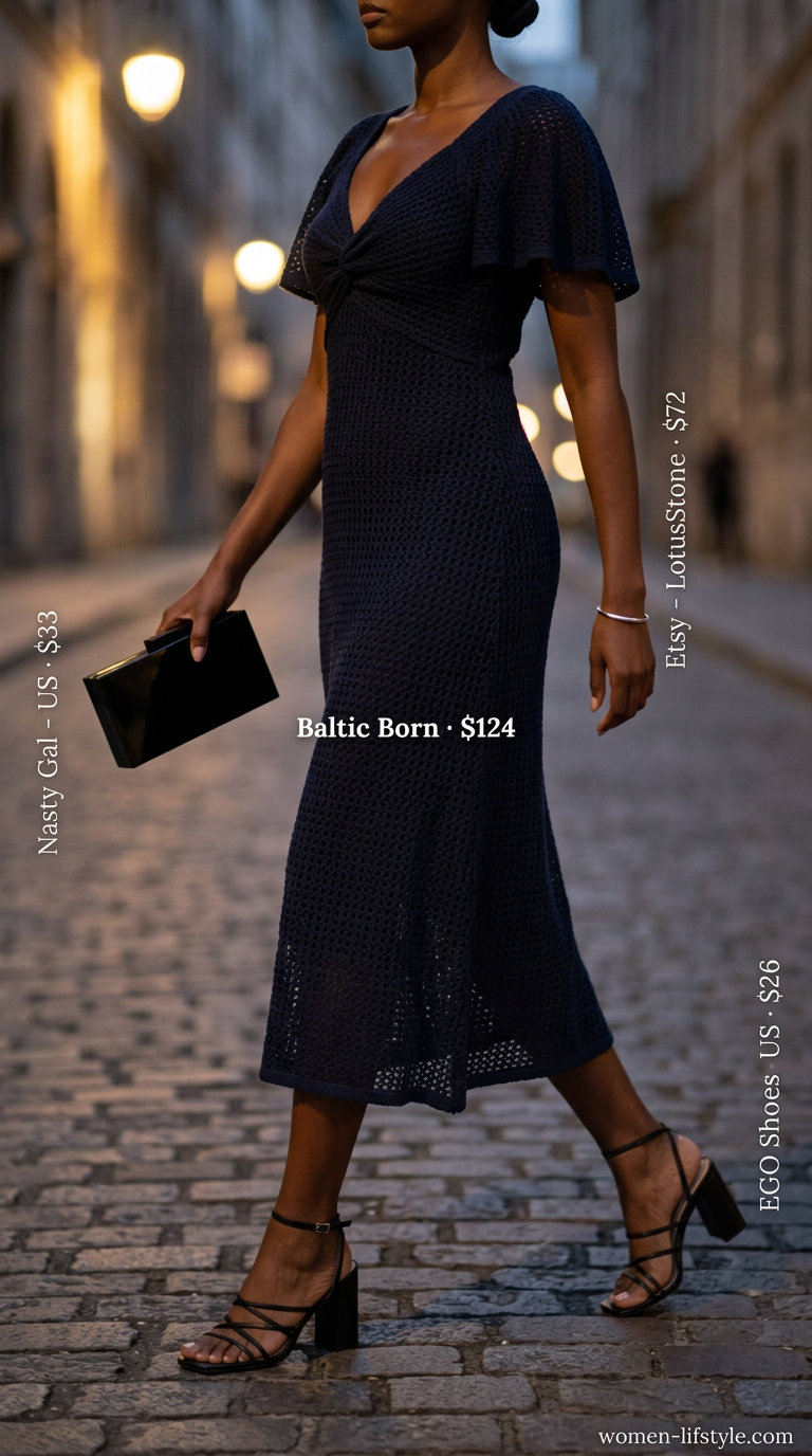 Urban summer nights handmade crochet outfit for women 2026: navy crochet dress, block heels & clutch.