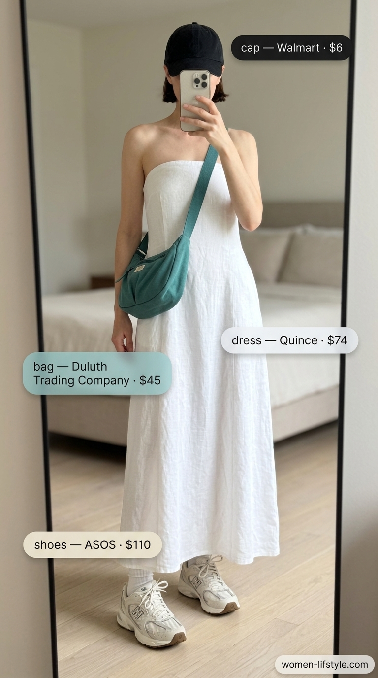 Weekend wanderer handmade summer crochet outfit for women 2026: olive green crochet dress, sneakers & cap.