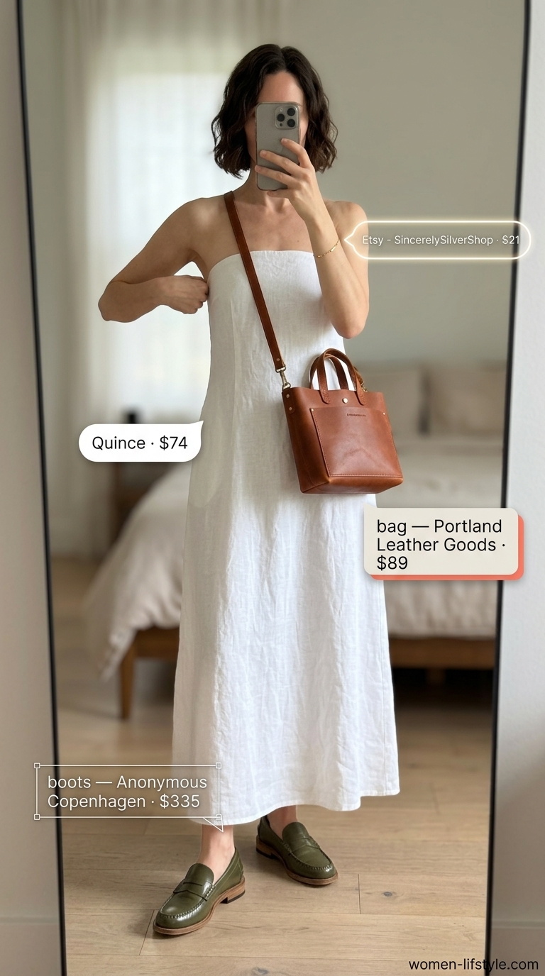 Handmade summer crochet outfits for women 2026: Beige crochet dress with structured crossbody, gold bracelet, and leather loafers.