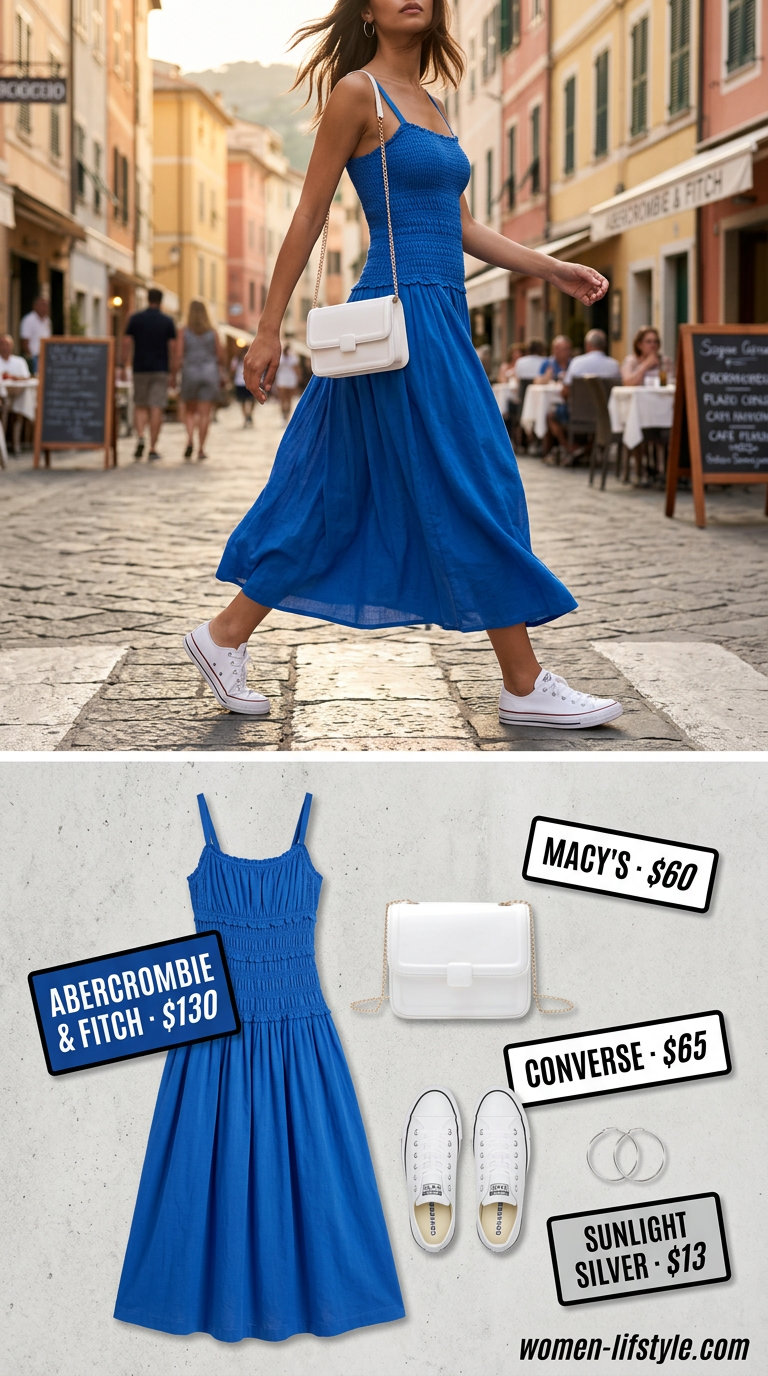 Cobalt blue crochet dress with white sneakers, crossbody bag, and silver hoops for handmade summer crochet outfits 2026.