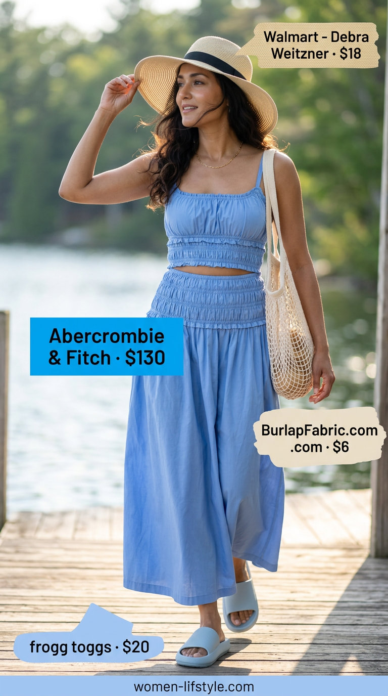 Cream crochet dress as a beach cover-up with light blue slides, straw hat, and beach tote for handmade summer crochet outfits 2026.